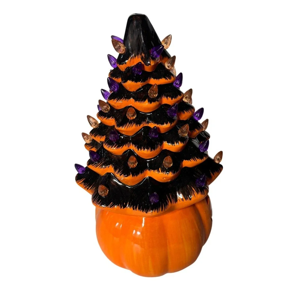 Ceramic Halloween Tree Jack-O-Lantern Base Orange Black Purple Lights  *READ